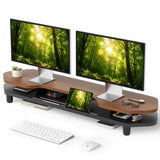 Dual Monitor Stand Riser, 39.4 Inch Large Monitor Stand with Storage Shelf, 2-Tier Desk Organizer for PC, Laptop, Printer | 2 Slots for Phone/Tablet, Computer Monitor Riser, Wood Desk Shelf for TV