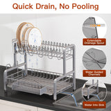 2 Tier Dish Drainer Drying Rack for Kitchen Counter, Large Stainless Steel Dishes Dryer with Drainboard, Space Saving, Big Rustproof Metal Modern Countertop Plates Strainer with Utensil Holder, Sliver