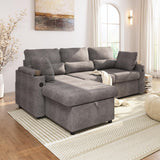 Convertible Sofa Bed, Chenille L-Shaped Sectional Sofa with Storage, Grey