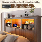 EnHomee Queen Bed Frame with 4 Storage Drawers and Headboard,LED Lights & Charging Ports,Wooden,No Box Spring Needed for Apartment,Heavy-Duty Structure,Noise-Free,Brown