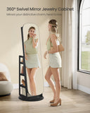 SONGMICS LED Jewelry Cabinet, 360° Swivel Jewelry Organizer, Lockable Mirror Jewelry Cabinet Standing, Rounded Wide Full-Length Mirror with Storage Shelves, Interior Mirror, Ebony Black UJJC036B01
