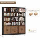 HOSTACK 71" Tall Triple Wide Bookshelf with Storage Drawers & Doors, Brown