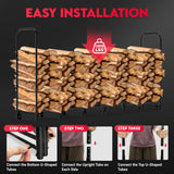 Zettum 8ft Firewood Log Rack - Outdoor Wood Stand Holder, Heavy Duty Metal Fire Wood Pile Organizer with Cover for Fireplace Storage (96 x 14 x 48 Inch)