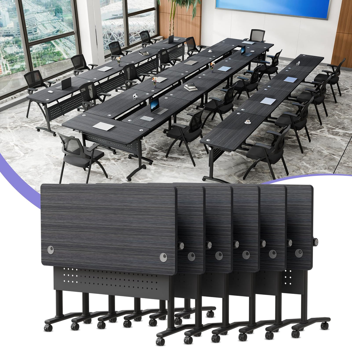 Mobile Folding Conference Table on Wheels, Modern Flip Top Stackable T ...
