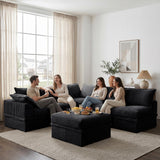 NABUMI 142" Modular Sectional Sofa with Storage, Oversized L-Shaped Boneless Couch with Ottoman, 27" Deep Seat Memory Foam Corduroy 6-Seater Cloud Couches for Living Room, Tool-Free Assembly, Black