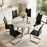 SSLine Faux Mars Stone Round Dining Table Set for 6 w/Black Leather Chair