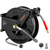 FIXFANS Pressure Washer Hose Reel with Hose for Hot and Cold Water, 3/8" X 50 FT Steel Auto-Retractable High Power Wash Hose Reel, Heavy Duty Hose Reel - Wire Braided Hose 4000 PSI, Black