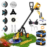 20000 RPM 4-in-1 Weed Wacker Cordless, 6000mAh Electric Weed Eater Battery Powered, Heavy Duty Brush Cutter Edger Lawn Tool/Weed Trimmer/Grass Trimmer W/Wheel Metal Blade, 2 Battery Yard Tool
