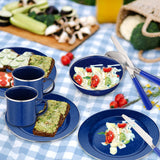 Nuogo 12 Pcs Enamel Camping Tableware Set Dinnerware Kit Includes 12 oz Coffee Mugs Camping Plates Bowls and Utensils Set with Knife Fork Spoon for 2 People Hiking Picnic Outdoor(Blue)