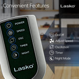 Lasko Tower Fan, Oscillating Performance, Remote Control, Nighttime Setting, Timer, 3 Speeds, High-Velocity Tower Fan, Room Fan for Bedroom or Office, 48" Gray, T48314