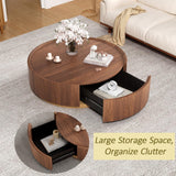 Round Coffee Table with Storage for Living Room, Wooden Circle Center Coffee Table with Drawers, Modern Accent Walnut Table for Bedroom Balcony Office, Fully Assembled (Brown)