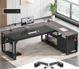 71 in Executive Desk with Power Outlets, Reversible L Shaped Computer Desk with File Drawers & Storage Shelves
