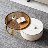 homary Round Nesting Coffee Table, 28”-32” Rotating Coffee Tables with Heat-Resistant Sintered Stone & Tempered Glass Top, Gold Frame for Modern Living Room (Glossy Ivory)