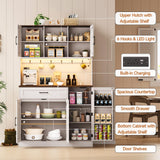 ONBRILL 71" Pantry Cabinet, Kitchen Pantry Storage Cabinet with LED Light & Outlet, Kitchen Hutch with Microwave Shelf & 6 Hook, Door Shelf & Drawer & Adjustable Shelf, Dining Room, Off White+Walnut