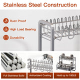 2 Tier Dish Drainer Drying Rack for Kitchen Counter, Large Stainless Steel Dishes Dryer with Drainboard, Space Saving, Big Rustproof Metal Modern Countertop Plates Strainer with Utensil Holder, Sliver