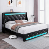 Holiway Full Size Bed Frame with LED Lights and Charging Station, Wingback Upholstered Headboard with Diamond Tufted, Solid Wooden Slats Support, Noise-Free, Easy Assembly, Black