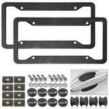 Carbon Fiber License Plate Frames- Black Carbon Pattern Aluminum Front & Rear Car Tag Holder Cover 2 Pack with Mount Hardware, Screws, Caps, Handlebar Stickers