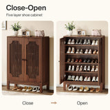 Tribesigns Shoe Cabinet with Doors, 5-Tier Shoe Storage Cabinet with Adjustable Shelves, 20 Pairs Wooden Shoe Rack Organizer, Tall Narrow Shoe Cabinet for Entryway, Hallway, Living Room, Walnut