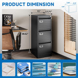 BYNSOE 3 Drawer File Cabinet with Lock Metal Vertical File Cabinet Office Home Narrow File Cabinet for A4 Legal/Letter Size,Assembly Required (Black, 3 Drawers-Vertical)
