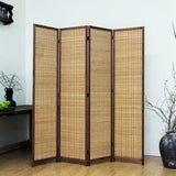 4 Panel Bamboo Room Divider - 5.6 ft Tall Brown Folding Privacy Screen, Double-Sided Freestanding Partition