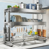 BEBANE Over The Sink Dish Drying Rack, 304 Stainless Steel 2 Tier Racks, Multifunctional Kitchen Storage Organizers, for Dishes, Glasses, Bowls & Cutlery(96cm/37.8in)