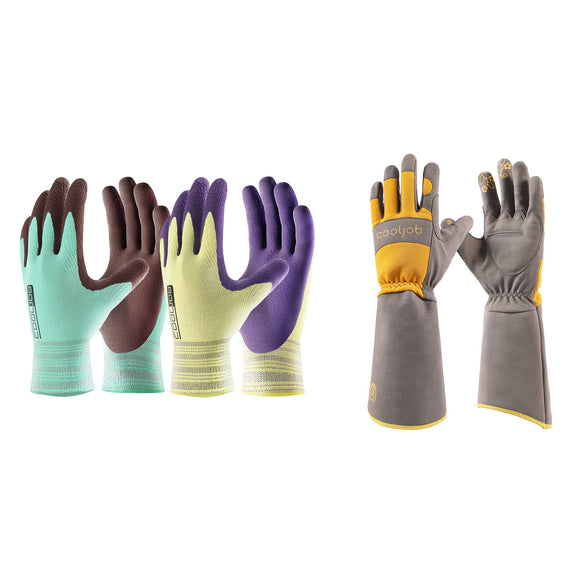 COOLJOB Medium Size Gardening Gloves Set for Women, 1 Pair of Long Sleeve & 2 Pairs of Short Sleeve