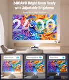 4K Smart Projector, 2400 ANSI, AI MEMC, WiFi 6, AI-PQ Auto Focus & Keystone, HDMI 2.1, 70W Dolby Audio, Home Theater Karaoke Projector with Dual Mics, Low Noise for Gaming, Party & Outdoor Camping
