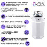 FORNO ACQUA BrightDIAMOND Moonstone 3/4 HP Garbage Disposal, Super Quiet Waste Disposer with Motion Sensor Cabinet Light, Pre-Wired Air Switch, Stainless Steel Chamber, Continuous Feed