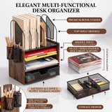 Boershun Wood Desk Organizer - 4-Tier Desktop File Organizer with Drawer, Wooden Paper Tray, Vertical File Holders & 2 Pencil Holders - Office Desk Organizer for Papers, Mail, Notebooks, Stationery