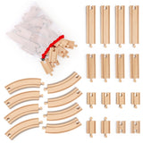 Wooden Train Tracks 24 Pieces Set, Track Expansion Pack with Storage Bag - Includes Male/Female Adapters - 100% Compatible with All Major Brands Including Thomas, Brio, Melissa & Doug