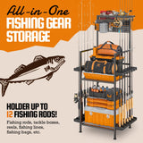 YQSLYSF Fishing Rod Holders for Garage with Pegboard & Metal Mesh Basket, Fishing Rod Storage Rack, Vertical Fishing Pole Holder for Up to 12 Poles, Tackle Gear Organizer