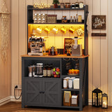 Itaar 35.4 inch Coffee Bar Cabinet, Bakers Rack with Power Outlet and Storage, Farmhouse Microwave Stand Kitchen Cabinet with Hutch, LED Lights, Wine Glass Holder and 8 Hooks, Black