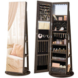 SONGMICS 6 LEDs Lockable Mirror Jewelry Cabinet, 360° Swivel Jewelry Organizer Armoire Standing, Frameless Full-Length Mirror, 3 Storage Shelves, Ash Brown Surface, Black Lining UJJC007K02