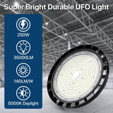 HYPERLITE LED High Bay Lights: 250W 5000K UFO LED Light 35000LM 6 Pack AC100-277V 5' Cable with Plug - Shop Lights for Warehouse Studio Factory Gym