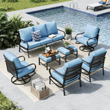 MFSTUDIO 7 Piece Metal Patio Furniture Set with Blue Cushion