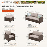MIXPATIO Patio Furniture Set, 6 Pcs Wicker Outdoor Conversation Set, 2 x Leg Chairs, 1 x 3 Seater Sofa, 1 x 2-Seat Lover Sofa and 2 x Ottomans with 4" Thick Cushion for Garden Backyard Deck, Beige