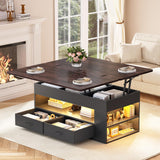 Itaar Lift Top Coffee Table, 4 in 1 Coffee Tables with Storage and Hidden Compartment, Farmhouse Coffee Table with 2 Fabric Drawers & LED Light for Living Room, Black