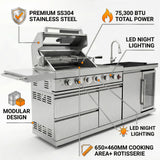 RENDGO Modular Outdoor Kitchen Island, 6-Burner Gas Grill, 75300 BTU,Silver