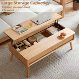 100% Solid Wood Lift Top Coffee Table for Living Room, Mid Century Modern Tables with Drawers and Large Storage, Oak Coffee Tables for Small Spaces (Oak Wood Log, 39.37" W x 21.65" D x 25.59" H)