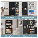 XIUSVON 69" Tall Metal Pantry Cabinet with Microwave Stand,Microwave Storage Cabinet with 4 Doors & 3 Adjustable Shelves for Kitchen (4doors-Black, 13.78" D x 27.54" W x 68.9" H)