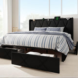nesture. King Storage Bed Frame with 4 Large Drawers, Platform Bed with Upholstered Button Headboard & Charging Station, Wingback Storage Headboard, Noise-Free, No Box Spring Needed, Black