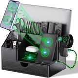 Black PU Leather Multi-Device Charging Station with Drawer - 6-in-1 Desktop Organizer for Phone, iPad, Tablet, Laptop, Watch, Headphones - Electronics Docking Hub & Storage Box for Office Home (Black)