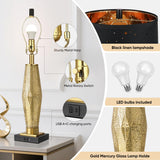 QiMH Glass Table Lamps for Bedroom Set of 2, Modern Beside Lamp with USB A+C Charging Ports, Nightstand Lamps for Living Room with Black Star Lampshade, Rotary Switches, Black Gold