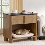 Nightstand Set of 2, 27" Wide Faux Marble & Wood Bedside Tables with Drawer and Open Shelf, Modern Curved End Tables with Rounded Body and Cylindrical Legs for Bedroom,Walnut
