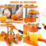 Jusfoouo Cast Iron Citrus Juicer - 13.8LB Heavy Duty Manual Orange Press, 304 Stainless Steel Cup & Strainer, Professional Lemon Grapefruit Pomegranate Squeezer for Home Bar Kitchen, Orange