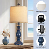 QiMH Farmhouse Table Lamp Set of 2, Rustic Table Lamps for Living Room, Vintage Nightstand Lamp with Rotary Switch, Beside Lamps for Bedroom, Traditional Table Lamps with Linen Shade, Blue