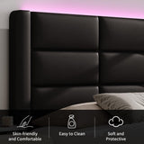 Queen Upholstered Bed Frame with Headboard and LED Lights, Modern Faux Leather Bed Frame with Wooden Slats Support and Heavy Duty Mattress Foundation, No Box Spring Needed, Easy Assembly, Black