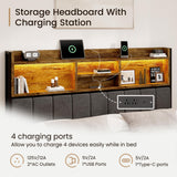 BRELTAM Queen Bed Frame with 6 Storage Drawers, Linen Upholstered Headboard, Built-in USB Charging Station & LED Lighting, Silent Metal Support, No Box Spring Needed, Vintage Brown