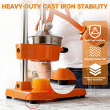 Jusfoouo Cast Iron Citrus Juicer - 13.8LB Heavy Duty Manual Orange Press, 304 Stainless Steel Cup & Strainer, Professional Lemon Grapefruit Pomegranate Squeezer for Home Bar Kitchen, Orange