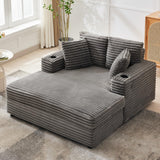 GarveeHome 60-inch Oversized Chaise Lounge Chair Indoor, Comfy Corduroy Lounge Sofa with Charging Station, Cup Holders & Throw Pillows, Cozy Sleeper Couch for Living Room Apartments, Grey